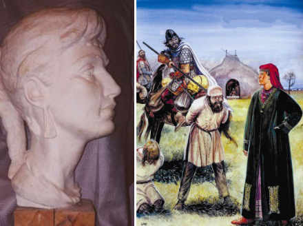 Слева - реконструкция головы женщины из Ногайчинского кургана. Справа - пленные перед царицей